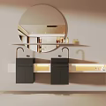 Modern Bathroom Vanity With Double Black Sinks Round Mirror And Lighting Strip