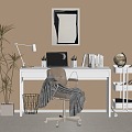 Modern Desk and Chair Combination Table Lamp Leisure Chair Books 3d model