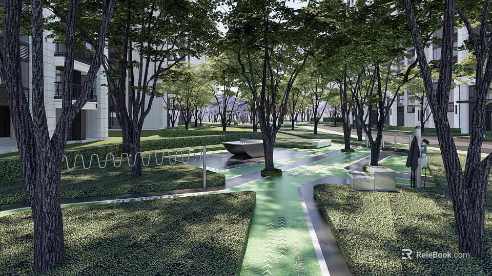 Residential Landscape With Lush Trees Green Lawn Modern Walking Path And Seating Areas 3d model 