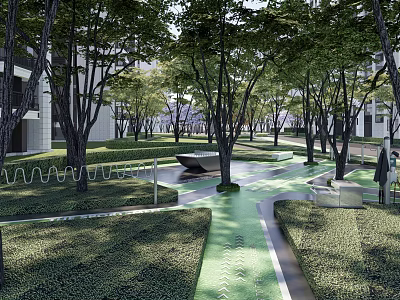 Residential Landscape With Lush Trees Green Lawn Modern Walking Path And Seating Areas 3d model