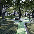 Residential Landscape With Lush Trees Green Lawn Modern Walking Path And Seating Areas