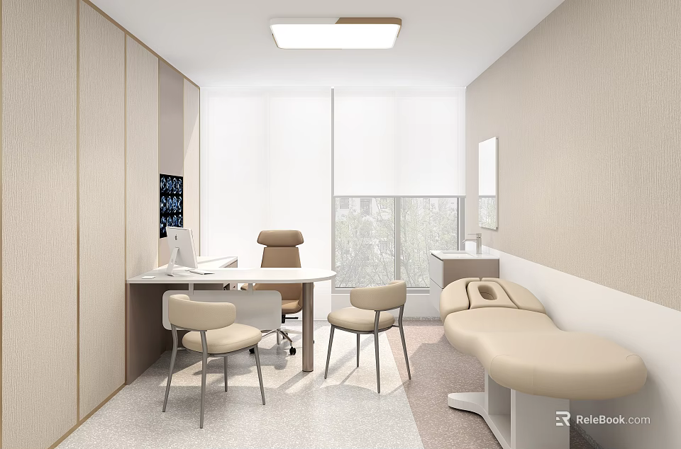 Contemporary Medical Consultation Room Interior With Desk Chairs Bench And Window Lighting 3d model 