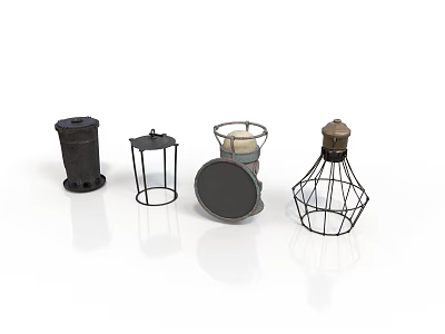 Retro Industrial Light Fixture Set With Metal Frame Mesh And Cylinder Designs 3d model