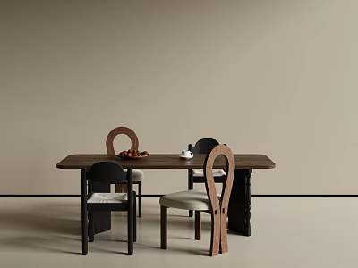 Wooden Table And Chair Set With Different Designed Chairs And Fruits On Table 3d model