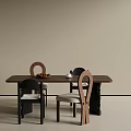 Wooden Table And Chair Set With Different Designed Chairs And Fruits On Table