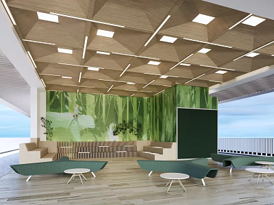 School Modern Lounge Area With Green Wall Comfortable Sofas And Wooden Tables 3d model