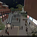 Bustling Commercial Street With Pedestrians Stairs Escalators Shops And Evening Illumination
