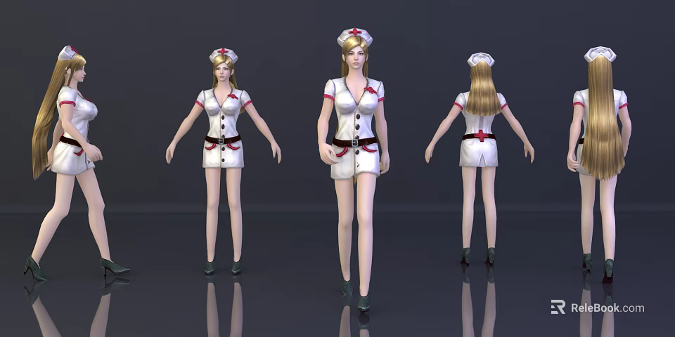 Woman Nurse In White Uniform With Red Accents Cap Three Poses Front Side Back 3d model 