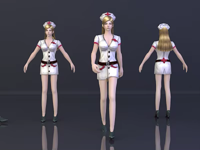 Woman Nurse In White Uniform With Red Accents Cap Three Poses Front Side Back 3d model