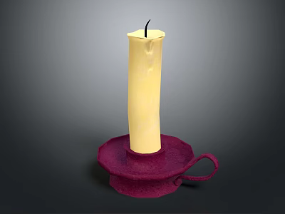Decorative Yellow Wax Candle Placed On Red Candle Holder With Small Handle 3d model
