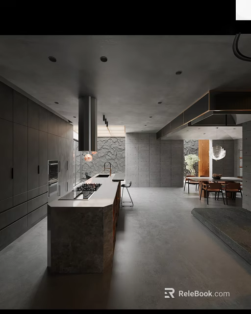Modern Dark Kitchen Interior With Island Range Hood Stone Wall And Open Plan Dining Area 3d model