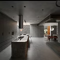 Modern Dark Kitchen Interior With Island Range Hood Stone Wall And Open Plan Dining Area 3d model