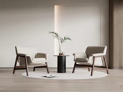 Modern Beige Leisure Chairs with Wooden Legs Minimalist Design Featuring Small Round Table Green Plant 3d model