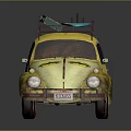 Vintage Yellow Car With Smiley Stickers And Surfboards On Roof Rack