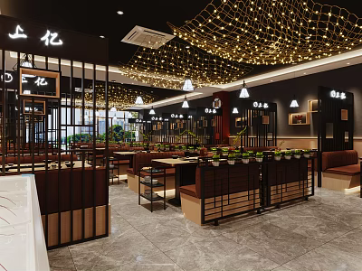 Modern Chinese Restaurant Interior With Wooden Partitions Netted Lights And Booth Seating 3d model