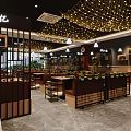 Modern Chinese Restaurant Interior With Wooden Partitions Netted Lights And Booth Seating