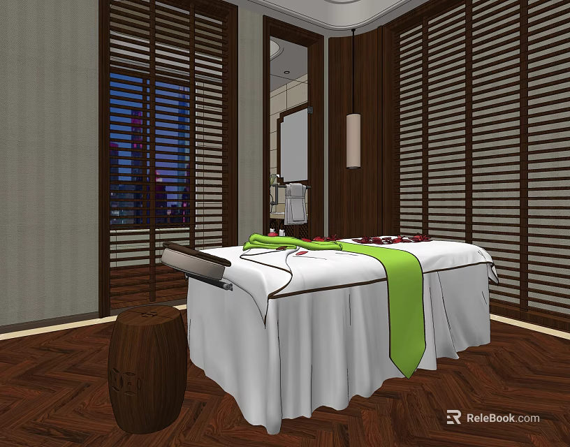 Serene SPA Sauna Room With Massage Bed White Sheets Green Towel And Flower Petals 3d model 