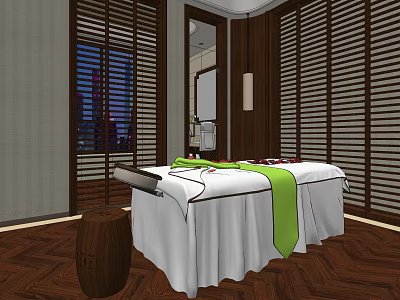 Serene SPA Sauna Room With Massage Bed White Sheets Green Towel And Flower Petals 3d model