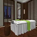Serene SPA Sauna Room With Massage Bed White Sheets Green Towel And Flower Petals