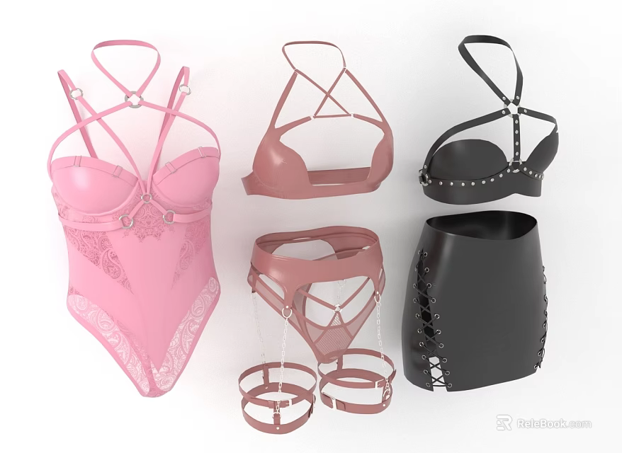 Stylish Women's Intimate Clothes Including Pink Bodysuit Black Bikini Top And Corset Accessories 3d model 