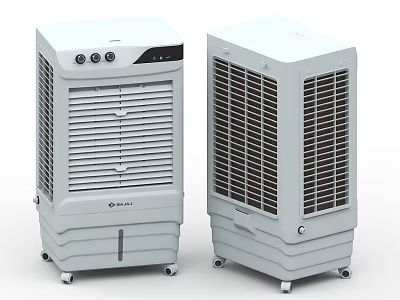 Two White Evaporative Air Cooler Fans With Rolling Wheels And Front Grilles 3d model