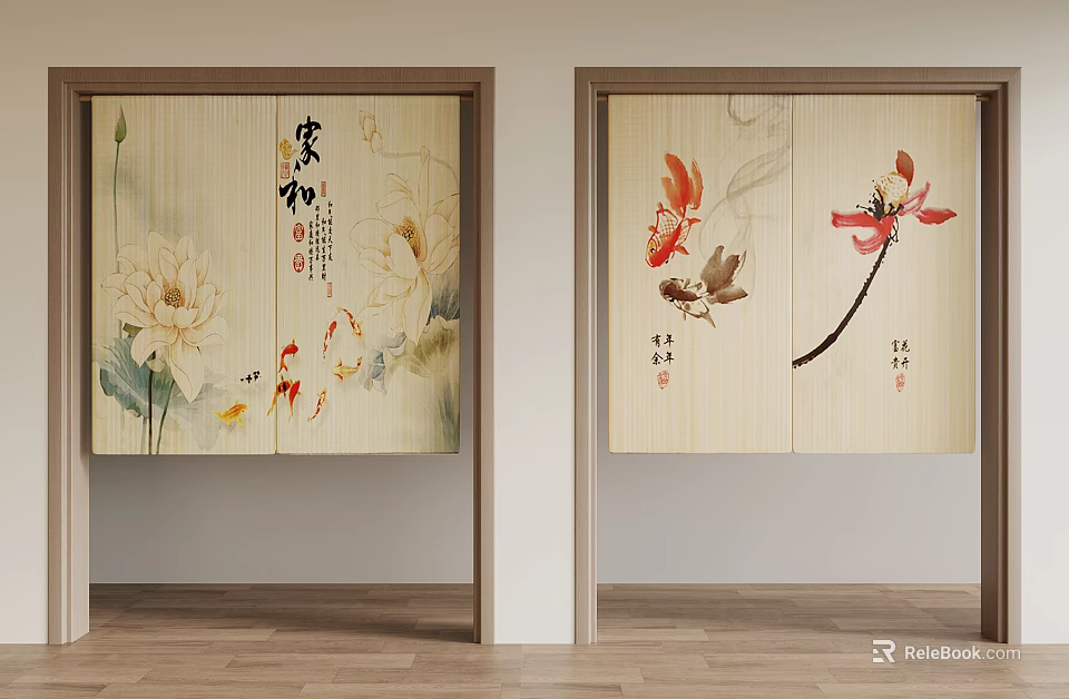 Chinese Style Decorative Screens With Lotus Flowers Goldfish And Calligraphy Art 3d model 