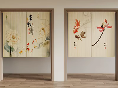 Chinese Style Decorative Screens With Lotus Flowers Goldfish And Calligraphy Art 3d model