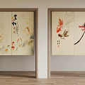 Chinese Style Decorative Screens With Lotus Flowers Goldfish And Calligraphy Art