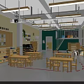 School Classroom Interior With Wooden Desks Green Cabinets Whiteboard Bookshelves And Windows