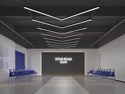 School Auditorium With Star Road Backdrop Blue Chairs And Ceiling Lights 3d model