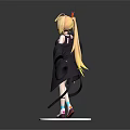 Anime Style 3D Character Model With Horns Long Golden Hair Purple Top And Blue Shorts