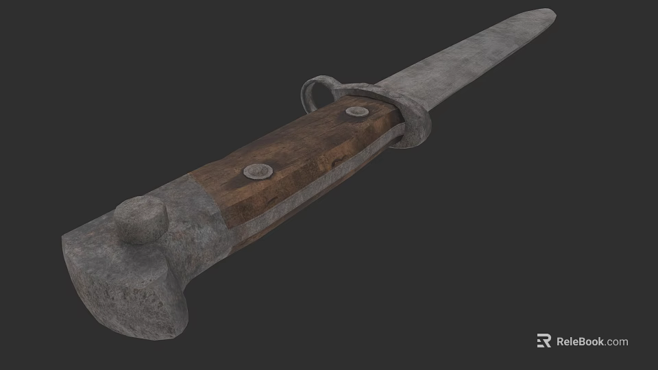 Rustic Ancient Weapon with Wooden Handle and Sharp Metal Blade Details 3d model 