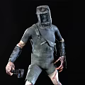 3D Dark Warrior Creature In Black Outfit With Metal Helmet And Bloodied Limbs Holding Axe 3d model