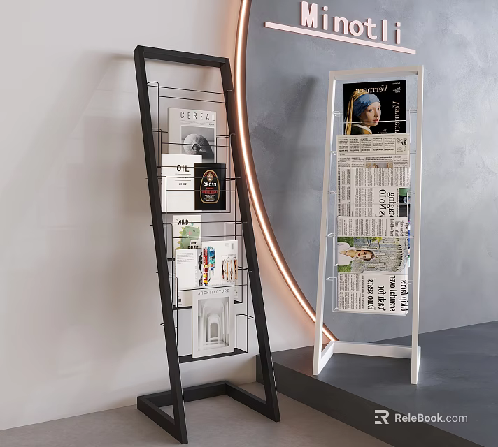 Black and White Metal Frame Bookshelves Displaying Magazines Newspapers and Decorative Prints 3d model 