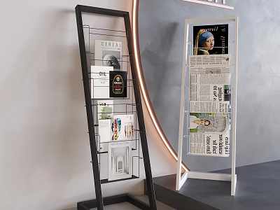 Black and White Metal Frame Bookshelves Displaying Magazines Newspapers and Decorative Prints 3d model