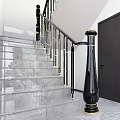 Modern Staircase Interior With Gray Marble Steps And Black Gold Balusters 3d model