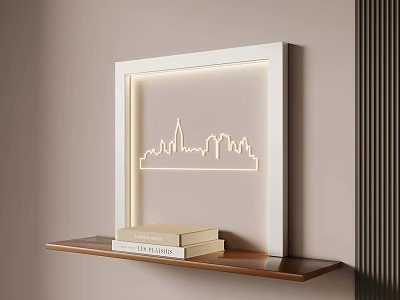 White Framed Wall Decor With City Skyline Light And Wooden Shelf With Books 3d model