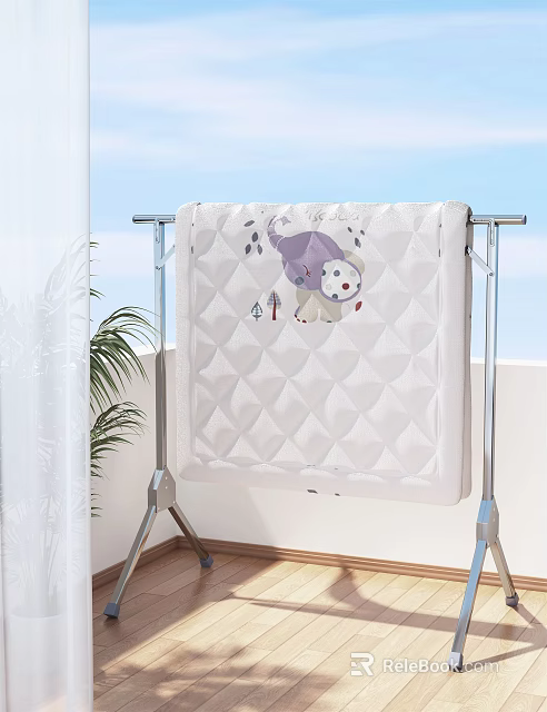Clothes Rack with Diamond Quilted Blanket Featuring Cartoon Bear on Balcony with Plant and Sky 3d model 