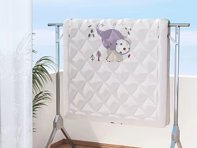 Clothes Rack with Diamond Quilted Blanket Featuring Cartoon Bear on Balcony with Plant and Sky 3d model