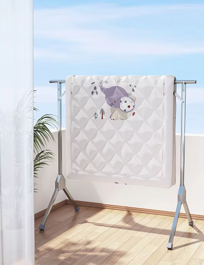 Clothes Rack with Diamond Quilted Blanket Featuring Cartoon Bear on Balcony with Plant and Sky 3d model