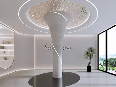 Modern White Pillar in Elegant Interior with Circular Ceiling Design Shelves Plant and Large Windows 3d model