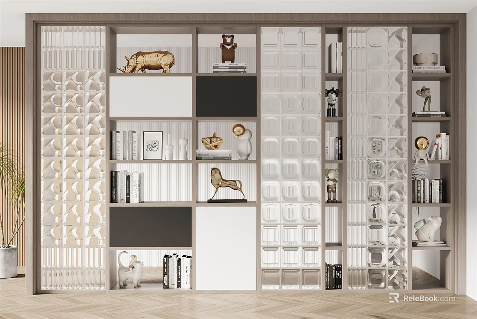 Elegant Modern Decorative Cabinet With Multiple Shelves Transparent Panels And Decor Items 3d model 