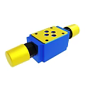 Blue Industrial Hydraulic Valve Component With Yellow Ends And Circular Ports