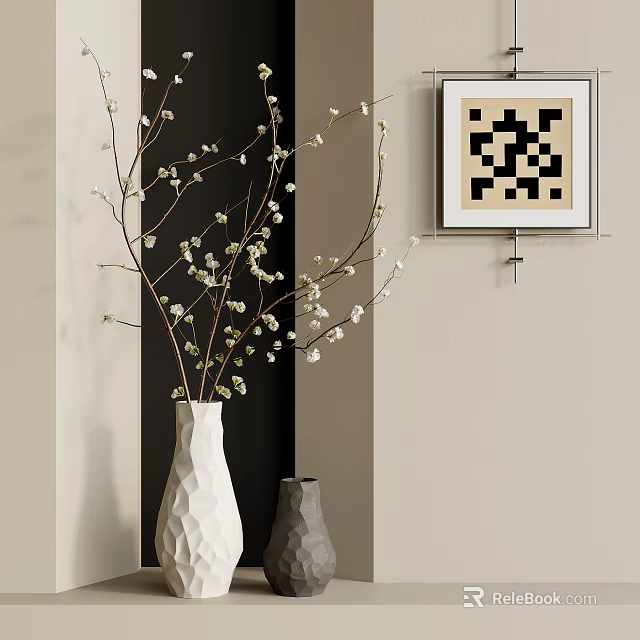 White Polygonal Vase With White Flower Branches And Gray Vase Near Black White Pattern Painting 3d model 