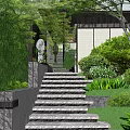 Serene Modern Garden Landscape Design With Stone Steps Lush Bushes Trees Pathway Statue And Lanterns