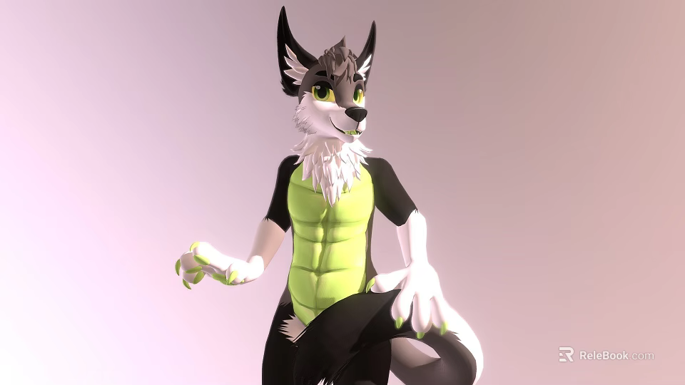 Anthropomorphic Wolf Game Character With Pointed Ears Yellow Eyes And Muscular Green Body 3d model 
