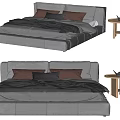 Gray Double Bed With Mattress Frame Brown Gray Pillows And Side Table 3d model