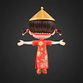 Woman Standing With Arms Outstretched in Red Cheongsam With Golden Floral Patterns and Yellow Hat