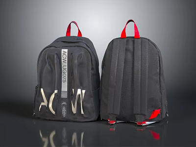 Black Backpacks with Red Handles and Bottom Details Featuring RAWGEAR Logo and ACW Letters 3d model