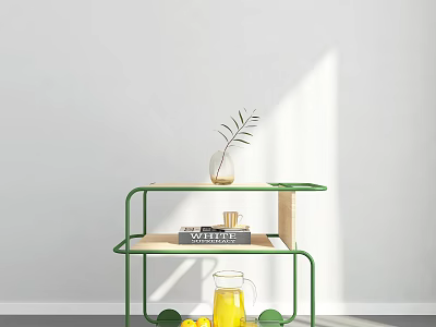 Green Multi Tiered Side Table With Plant Vase Books And Lemon Pitcher In Bright Room 3d model